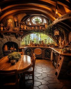 a kitchen with an arched window and wooden table in front of the stove, surrounded by potted plants