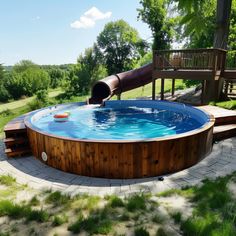 an above ground pool with a slide in the middle