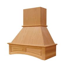 a wooden stove hood with an open drawer on the front and bottom side, shown against a white background