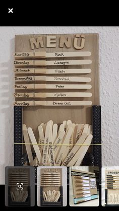 several different types of wooden utensils in a box with the words menu written on them