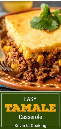 a close up of a casserole on a plate with the words easy tamale casserole