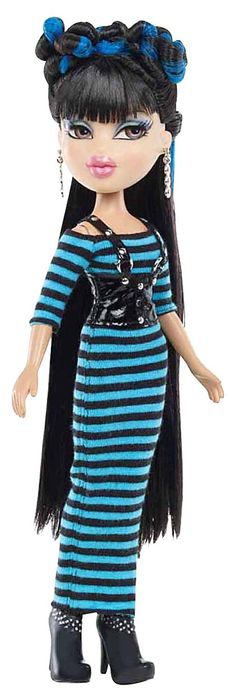 a doll with long black hair wearing a blue and black striped dress is standing in front of a white background