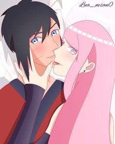 two anime characters with pink hair and blue eyes, one is kissing the other's cheek