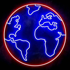 a neon sign with the world on it's side in blue and red colors