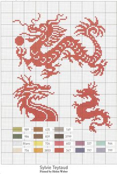 a cross stitch pattern with a dragon on it's back and the words style tayau written in red