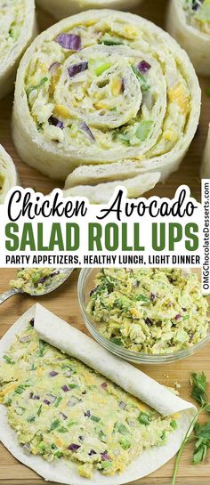 chicken avocado salad roll ups with text overlay