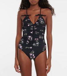 Printed Ruched Swimsuit in Black - Giambattista Valli | Mytheresa Spring Beachwear Swimwear Made Of Polyamide, Fitted Beachwear Swimwear With Ruched Sides, Ruched Nylon Swimwear For Sunbathing, Swimming Ruched Tankini, Ruched Elastane Tankini For Poolside, Ruched Elastane Tankini For Swimming, Beachwear One-piece Swimwear With Ruched Sides, Summer Stretch Swimwear With Ruched Sides, Ruched Triangle Top Swimwear In Nylon