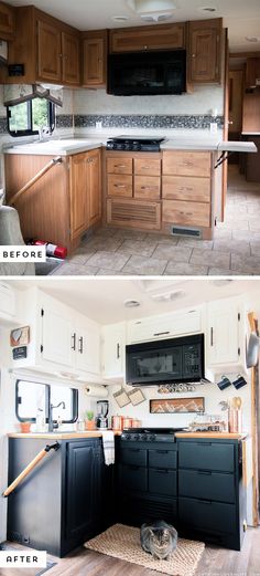 before and after pictures of a kitchen remodel with wood cabinets, black appliances and white countertops