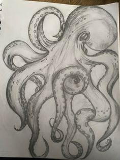 an ink drawing of an octopus with tentacles on it's back and eyes open