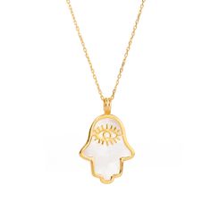 Harness the power of protection and luck with the Pearl Divine Hamsa & Evil Eye Pendant Gold Vermeil Chain Necklace. This elegant pendant, crafted from 18k gold-plated sterling silver, features a pearl Hamsa hand design with a gold evil eye symbol nestled inside. Designed to not only elevate your style but also provide spiritual protection and good fortune, this necklace is the perfect blend of chic and meaningful. Paired with a gold vermeil chain, it brings the power of these ancient symbols into your everyday look. Details 18K gold plated on sterling silver Pearl Necklace length 20" with pendant and 2'' extender Pendant height 0. 8'' Pendant width 0. 6'' Avoid contact with chemicals, makeup, parfume. Do not use dips or abrasive cleaners on necklace. To clean and brighten it up your neckl Spiritual Yellow Gold Plated Necklaces, Spiritual Yellow Gold-plated Necklaces, Spiritual Yellow Gold Pendant Necklace, Yellow Gold Plated Spiritual Necklace, Spiritual Yellow Gold Tarnish-resistant Necklace, Yellow Gold Evil Eye Spiritual Necklace, Spiritual Yellow Gold Necklace With Evil Eye, Spiritual Yellow Gold Evil Eye Necklace, Symbolic Yellow Gold Evil Eye Necklace