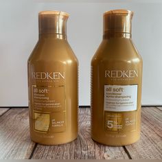 New Redken All Soft Shampoo & Conditioner Set Each Bottle Is 10.1 Fl. Oz Shampoo Benefits: The Benefits Prescribed For Softer Hair And Formulated With Argan Oil, Redken's All Soft Shampoo Gently Cleanses Dry, Rough Hair While Providing Moisture To A Create 15x More Conditioned* Look And Feel. The Enriching Moisture Complex Replenishes Hair Moisture Creating Intense Softness While A Smart, Targeted Delivery System - Treats Hair From The Root To The Core To The Tip, Giving All 3 Levels Of The Hair Redken Soft Shampoo And Conditioner, Redken Shampoo And Conditioner, Hairstyle Tools, Softer Hair, Rough Hair, Redken All Soft, Natural Shampoo And Conditioner, Redken Hair Products, Gold Bottles