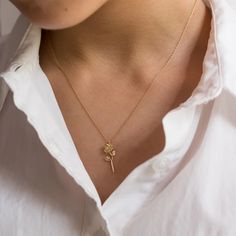 Devotion - Rose Necklace in 14k Yellow Gold – Futaba Hayashi Gold Rose Pendant, Traditional Tattoo Symbols, Rose Necklace Gold, Greek Goddess Aphrodite, Gold Rose Necklace, Goddess Aphrodite, Tattoo Symbols, The Roman Empire, Rose Pendant