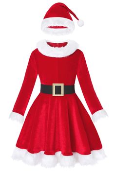 PRICES MAY VARY. ★Christmas dress is soft,comfortable and premium velvet fabric. ★Includes Christmas red dress with belt and Santa hat,long sleeves,neckline and hem decorated with white fluffy fur, making your daughter charming on the party. ★Red Santa Claus suit comes in different kids size,4-5T, 6-7 Years,8-9 Years,9-10 Years. ★Hidden zipper at back,easy to put on,wear this Santa Claus costume, your little princess looks like a real Santa Claus, perfect costumes props for Christmas. ★Great for Red Dress Christmas, Mrs Claus Costume, Christmas Dress Outfit, Kids Christmas Dress, Santa Claus Costume, Holiday Outfits Christmas, Santa Dress, Red Christmas Dress, Christmas Dress Women