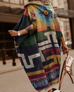 Casual Multicolor Cardigan With Pockets, Casual Multicolor Long Sleeve Cardigan, Bohemian Long-sleeved Cardigan With Pockets, Bohemian Cardigan With Pockets, Bohemian Long Sleeve Cardigan With Pockets, Casual Long Multicolor Outerwear, Casual Multicolor Long Outerwear, Long Multicolor Sweater For Fall, Multicolor Long Sleeve Sweater With Pockets