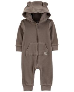 Brown Baby Bear Hood Zip-Up Thermal Jumpsuit | carters.com Casual Jumpsuits And Rompers For Winter Playtime, Brown Winter Onesie For Playtime, Hooded Casual Onesie For Fall, Casual Hooded Onesie For Fall, Cozy Hooded Cotton Onesie, Cozy Fall Onesie For Playtime, Casual Hooded Onesie For Playtime, Hooded Onesie For Fall Loungewear, Baby Dinosaur