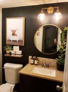 a bathroom with a sink, toilet and mirror in it's centerpieces