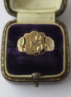 Old signet ring in solid 18-carat (750/1000) rose gold, eagle's head hallmark and master goldsmith's diamond hallmark. Victorian French work from the second half of the 19th century. The crest-shaped bezel is engraved with a fine 'LG' monogram. A foliage decoration enhanced with a contrasting yellow gold palmette on the shoulder. Height of the crest: 1.2 cm Weight: 2.44g Size: 61 (diameter 19.4 mm, sizes 9 ½ / T) Very good state. Micro scratches. Regular and very round ring, with discreet traces of use on its back. The crest is hollow gold while the ring is solid gold. See detail photos. It is a collectible jewel, unique, with a story. This is probably a men's wedding ring. A magnificent authentic old signet ring, elegant and easy to wear! Rare. Fast and well-protected shipping in a new bo Lg Monogram, Foliage Decoration, Signet Ring Men, Men's Wedding Ring, Gold Engraving, Round Rings, Signet Ring, Or Rose, Favorite Jewelry