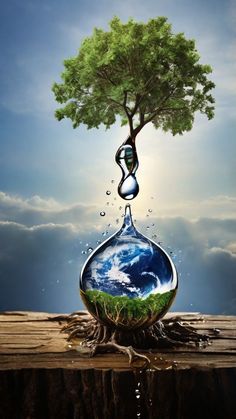 a tree is growing out of the water in a drop shaped like an earth globe