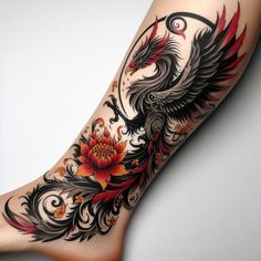 a woman's leg with tattoos on it and a bird in the middle of her leg