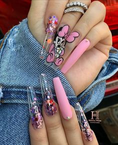 Coffen Nails, Disneyland Nails, Nail Practice, Nail Videos, Halloween Acrylic Nails, Glow Nails, Pink Minnie, Long Acrylic Nails Coffin, Bling Acrylic Nails