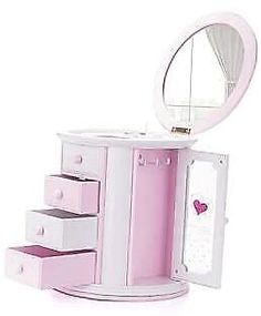 a white and pink vanity with drawers and a mirror on the top, in front of a white background