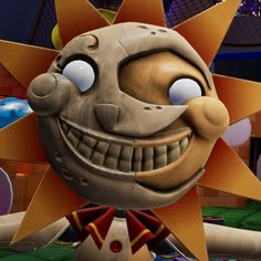 a close up of a cartoon character with big eyes and an evil smile on his face