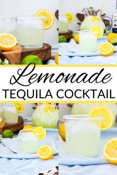 the lemonade tequila cocktail is garnished with limes and served in glasses