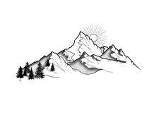 a black and white drawing of mountains with trees