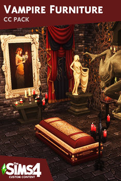 the vampire furniture pack includes a bed, candles and other items in front of a painting