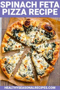 spinach and feta pizza recipe on a cutting board with the title overlay