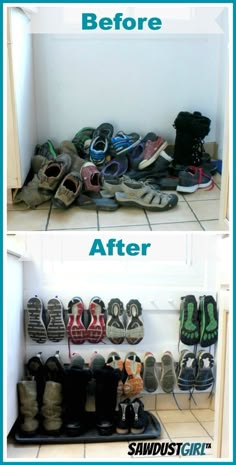 before and after photos of shoes on the floor in front of a white wall with blue border