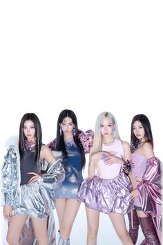 four girls in shiny outfits posing for the camera with their hands on their hipss