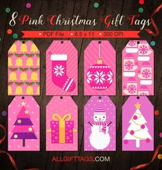 pink christmas gift tags with snowman, tree and presents on them in different colors