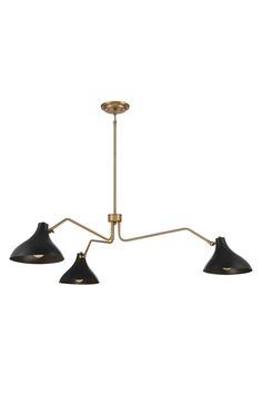 three light brass chandelier with black shades on the bottom and one hanging from the ceiling