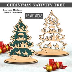 christmas nativity tree cutouts are shown in three different sizes and shapes, with ornaments around the base