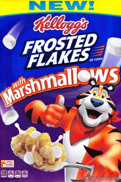 a bag of marshmallows with frosted flakes on it's side