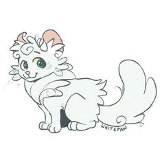 a drawing of a white cat with green eyes and pink ears sitting on the ground