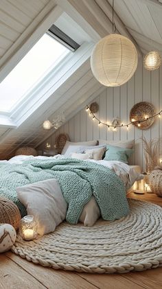 Cozy boho bedroom with skylight, soft pastel colors, fairy lights, round rug, and knitted decor for a teen girl. Apartment Room Ideas Cozy, Pre Teen Room Ideas Girl, Aqua Bedroom Ideas For Teens, Room Decor Ideas Teen Girl, Cool Teen Girl Bedroom, Teen Girls Boho Bedroom, Attic Teen Bedroom, Teen Girl Bedding Ideas, Girl Teen Room Ideas