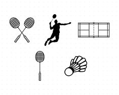 black and white silhouettes of people playing tennis, racquets and balls