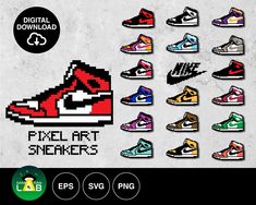 pixel art sneakers with different colors and sizes