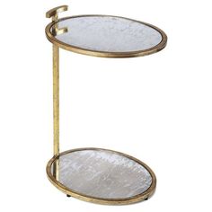 two tiered gold metal and glass shelf