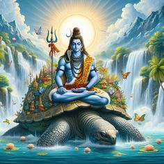 the god sitting on top of a turtle in front of waterfalls and birds flying around