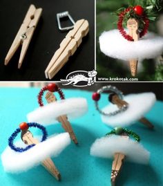 some clothes pins are made to look like christmas decorations