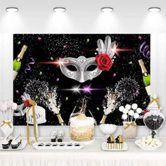 Masquerade Party backdrop featuring a silver mask, champagne bottles, and fireworks on a black background, perfect for a glamorous event Masquerade Party Backdrop, Mardi Gras Backdrop, Elegant Backdrop, Fireworks Design, Silver Mask, Vinyl Backdrops, Party Backdrop, Photo Booth Backdrop, Masquerade Party