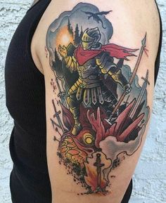 Dark Soul Tattoo, Souls Tattoo Ideas, Dark Souls Tattoo Ideas, Video Game Ideas, Gemini Sign Tattoo, Tattoo Composition, Souls Tattoo, Dark Souls Tattoo