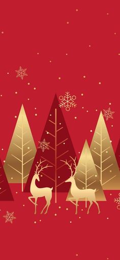 a red and gold christmas card with deers in the woods, snowflakes and trees