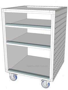 a drawing of a shelf on wheels with the bottom section open and two shelves closed