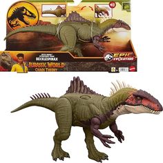 a toy dinosaur with its mouth open and head turned to the side