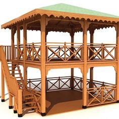 a wooden gazebo with steps leading up to it