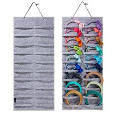 two racks with different colored hair ties hanging on it's sides, one is gray and the other has multicolored headbands